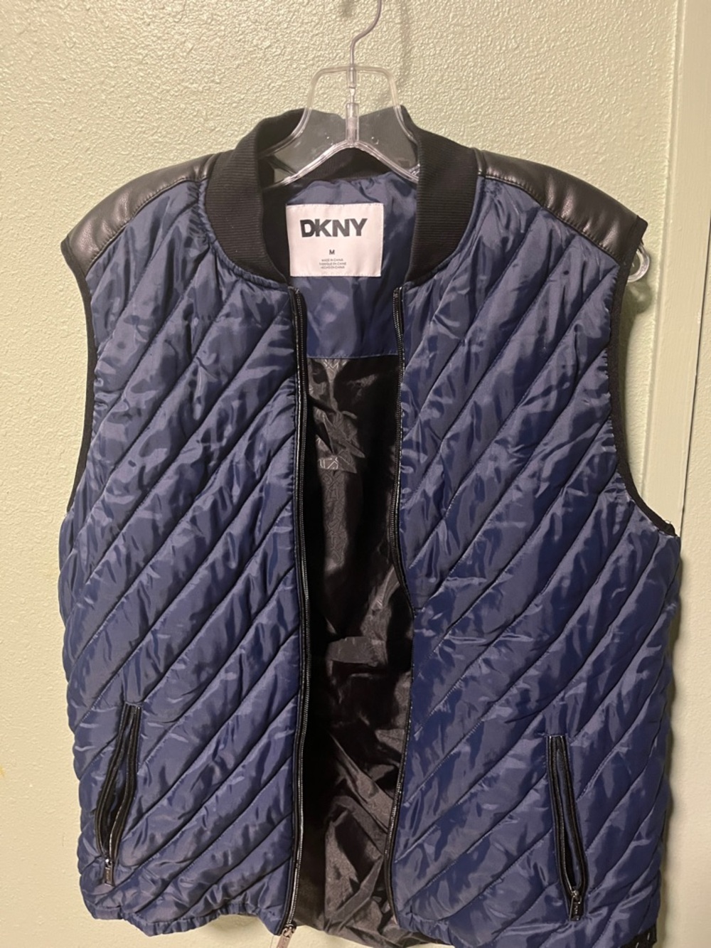 DKNY Navy Quilted Sleeveless Bomber Vest with Black Accents